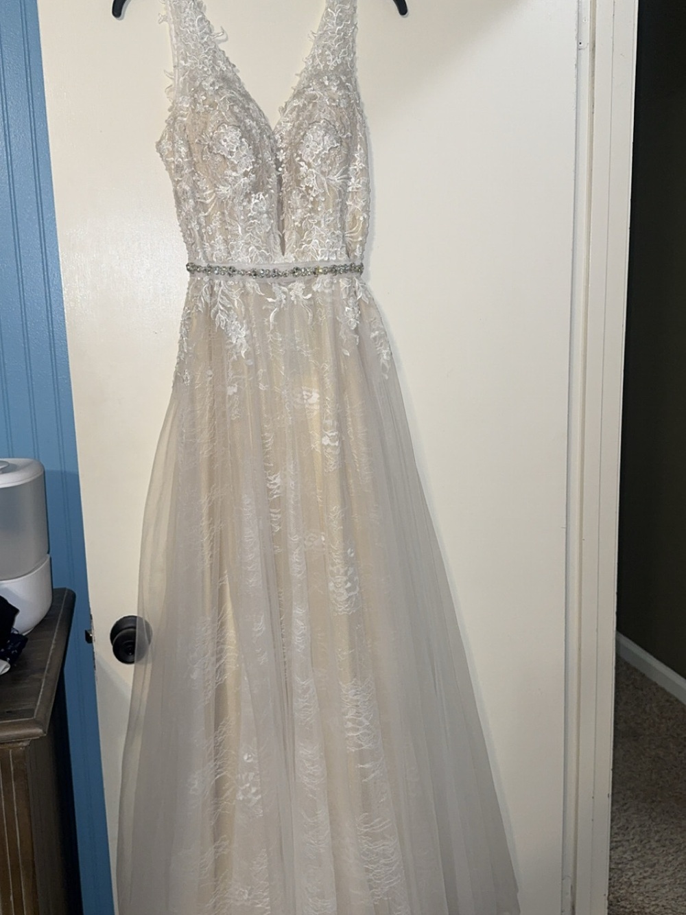 Sleeveless V-Neck Lace A-Line Gown in Ivory